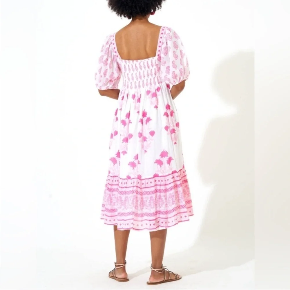Tuckernuck Oliphant Puff Sleeve Midi Dress in Jaipur Pink & White NWT Size XS - Picture 4 of 14